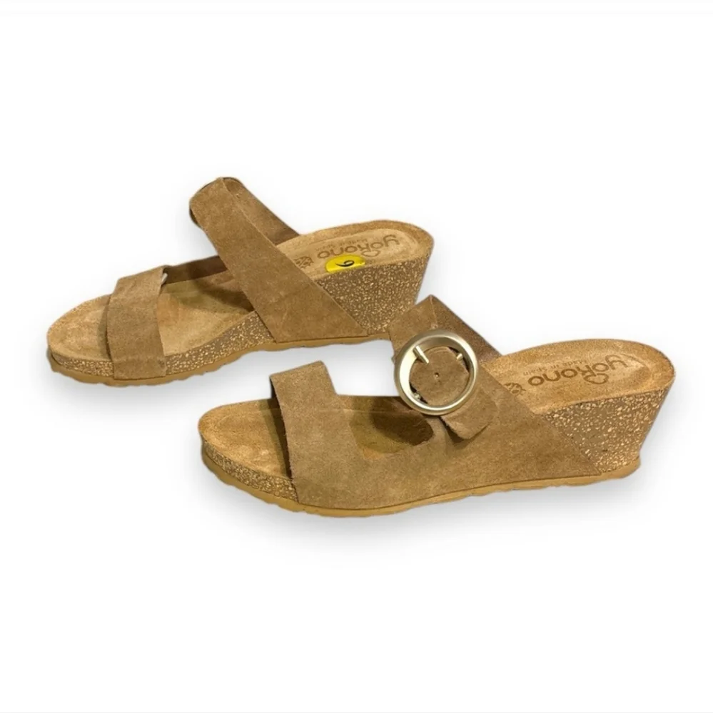 YOKONO Suede Two Strap Cork Wedge Sandals